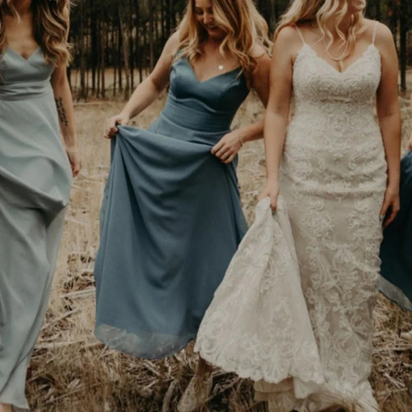 David's  Bridal Steele Blue Spaghetti Strap Satin Top Chiffon Bridesmaid Dress 2 - Picture 1 of 12
